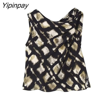 Yipinpay 2023 New Fashion Women Printed Skirts Sets Summer Casual Sleeveless Plaid Top Side Mid-Calf Skirts High Street Outwear